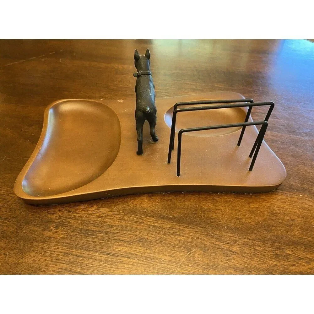 MEN'S WOOD VALET DRESSER TOP ORGANIZER W/ DOG STATUE MADE IN JAPAN